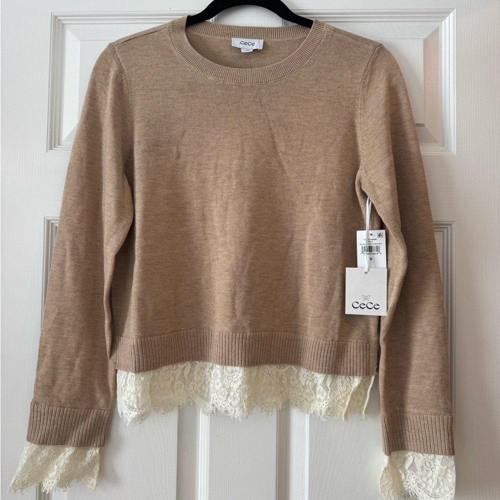 CeCe Women's Beige Sweater with Lace Hem NWT